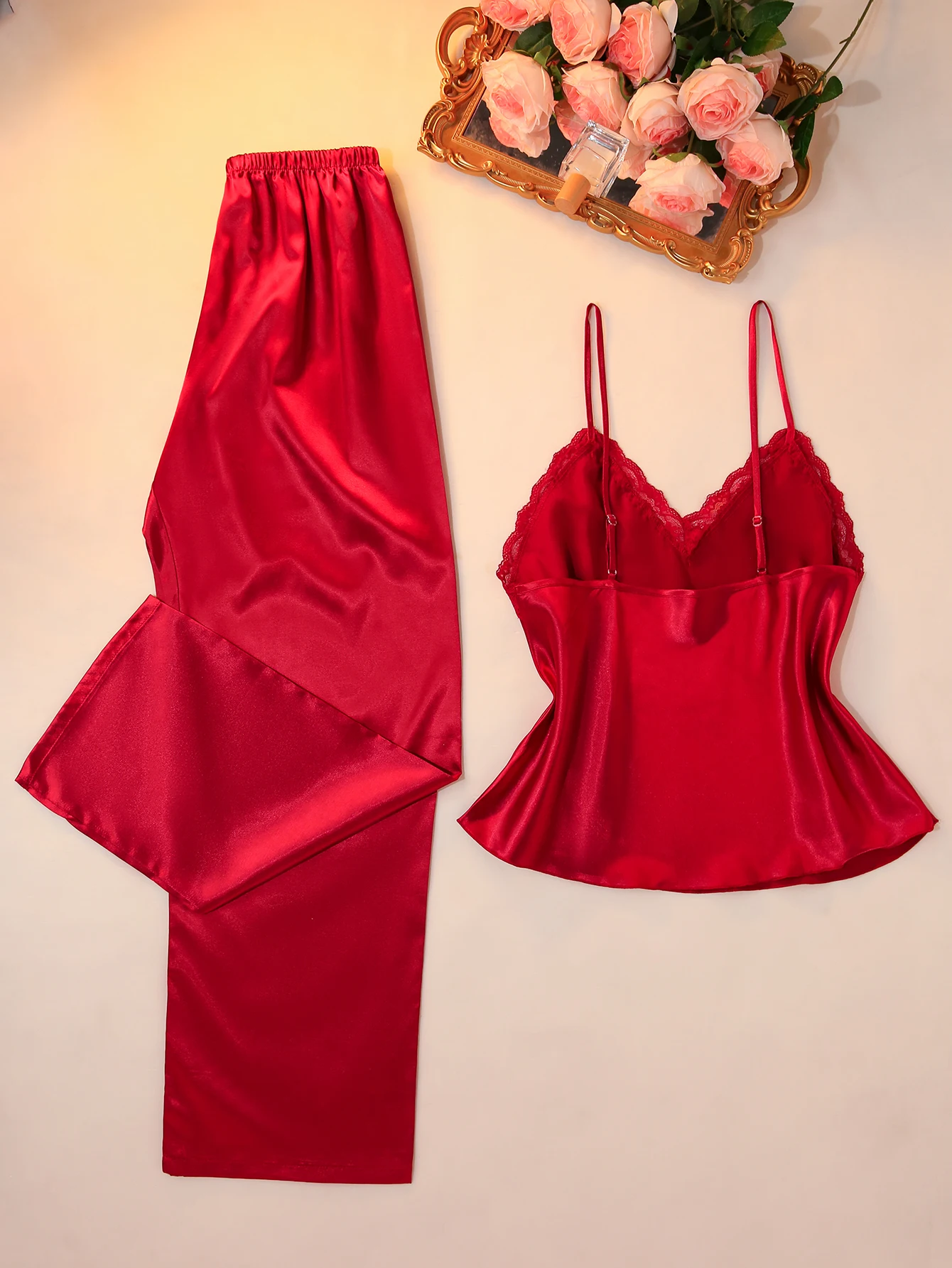 Women 2 Piece Pajamas Set Solid Color Lace Patchwork Strapless Top with Pants Soft Comfortable Casual Home Sleepwear
