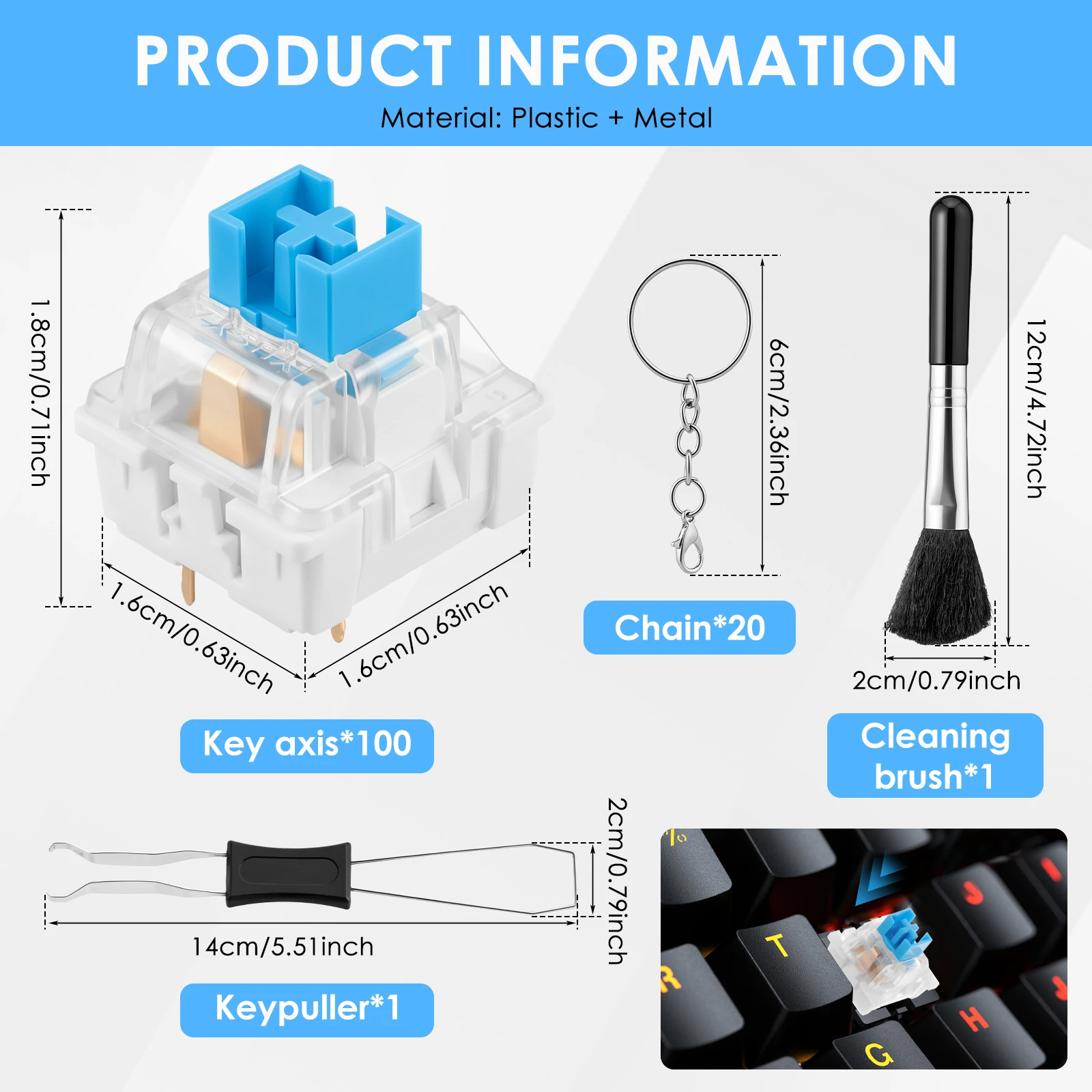 100Pcs Blue Keyboard Switches 20 Keychains Puller Brush MX Clicky Mechanical Switch for 3D Printed Fidget Toy Stress Relief DIY