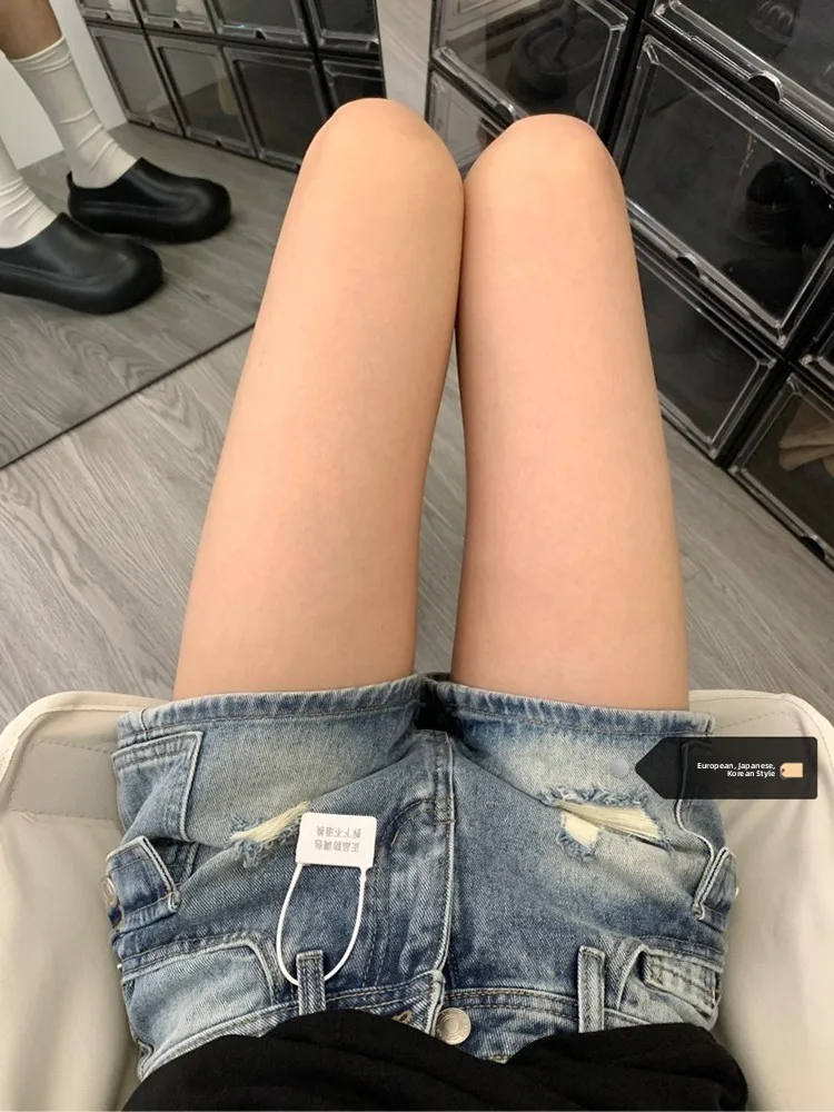 

Low Waist American Style Hot Girl Denim Shorts Women's Summer Design Straight A-Line Hot Pants Vintage Worn Workwear Jeans