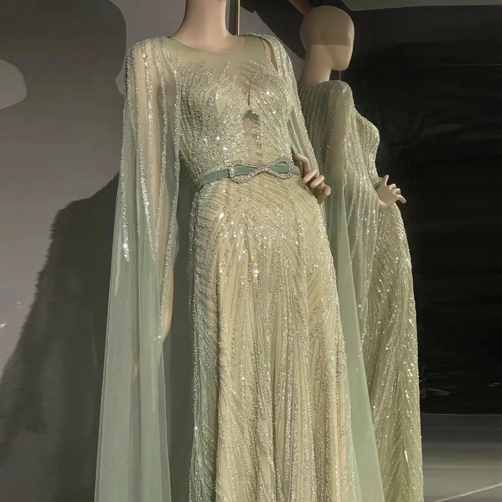 Scz044 Jancember Mint Green Luxury Dubai Evening Dresses With Cape 2023 Elegant Beaded Arabic Women Long Wedding Party Dress