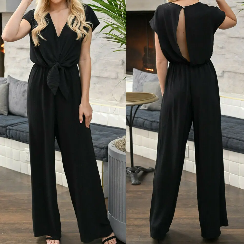 Women V-neck Short Sleeve Backless High Waist Jumpsuit Wide Leg Long Overalls Casual Loose Summer Boho Holiday Beach Jumpsuits