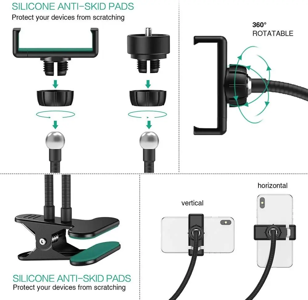 子供のための柔軟なグースネックセルフィーリングライト、クリップオンライト、読書灯、携帯電話ホルダー、目の保護、デスクランプ、360 °