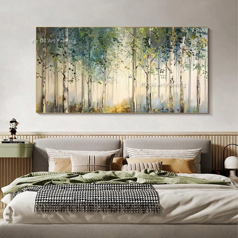 Special Green Beige Brich Forest Landscape Canvas Oil Painting Decor For Living Room Hand Drawn Grey Orange Seascape Wall Art