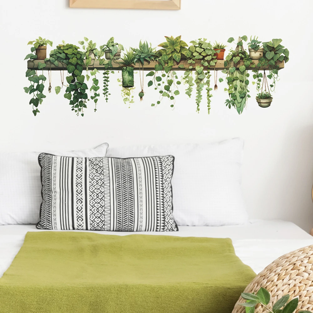 1Pc Hanging Green Plants Wall Stickers, Removable Vinyl Watercolor Potted Vine Decals for Bedroom Kitchen Living Room Home Decor