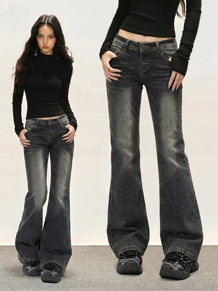 

Женские джинсы-клеш с низкой посадкой, эластичные, черно-серые, с эффектом потертости, весна-осень, повседневный стиль, ретро, американские, утягивающие, расклешенные брюки