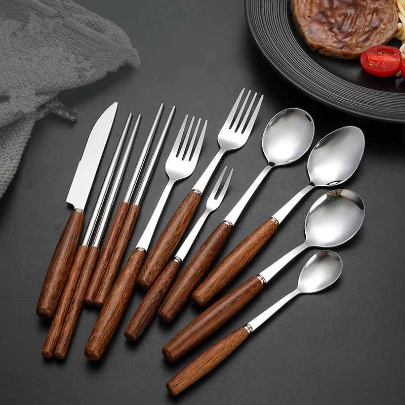 Stainless Steel Cutlery Set with Wooden Handle Sliver Korea Spoon Chopsticks Steak Knife Forks Tableware Utensils for Kitchen