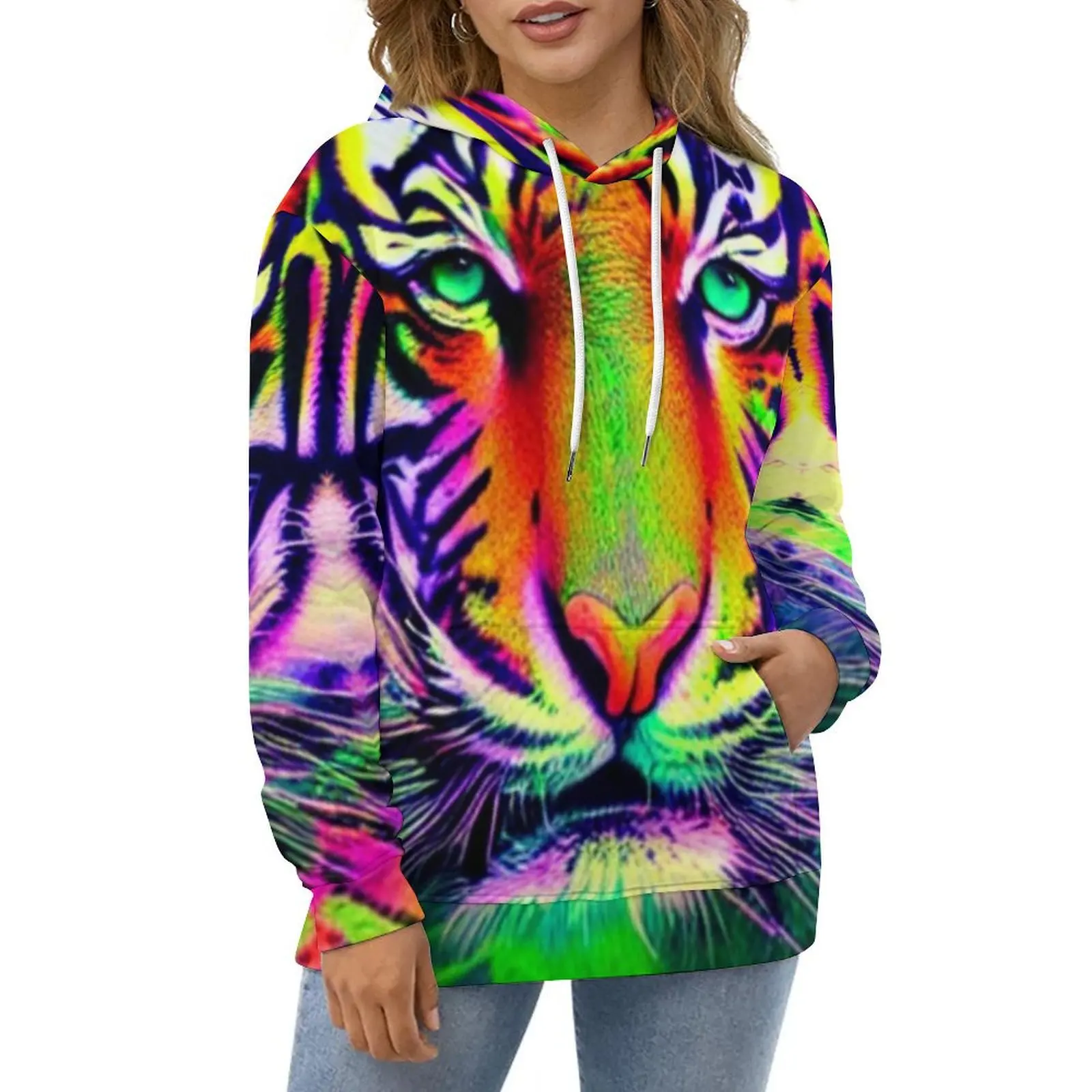 Colorful Tiger Print Casual Hoodies African Animal Pretty Hoodie Womens Long Sleeve Streetwear Custom Loose Oversized Clothing