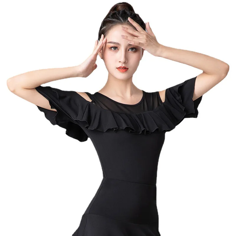 Women Latin Ballroom Costume Vestidos Baile Latino Top Female Sexy Off-the-shoulder Chiffon Ruffled Lace Sleeves Waltz Dancewear