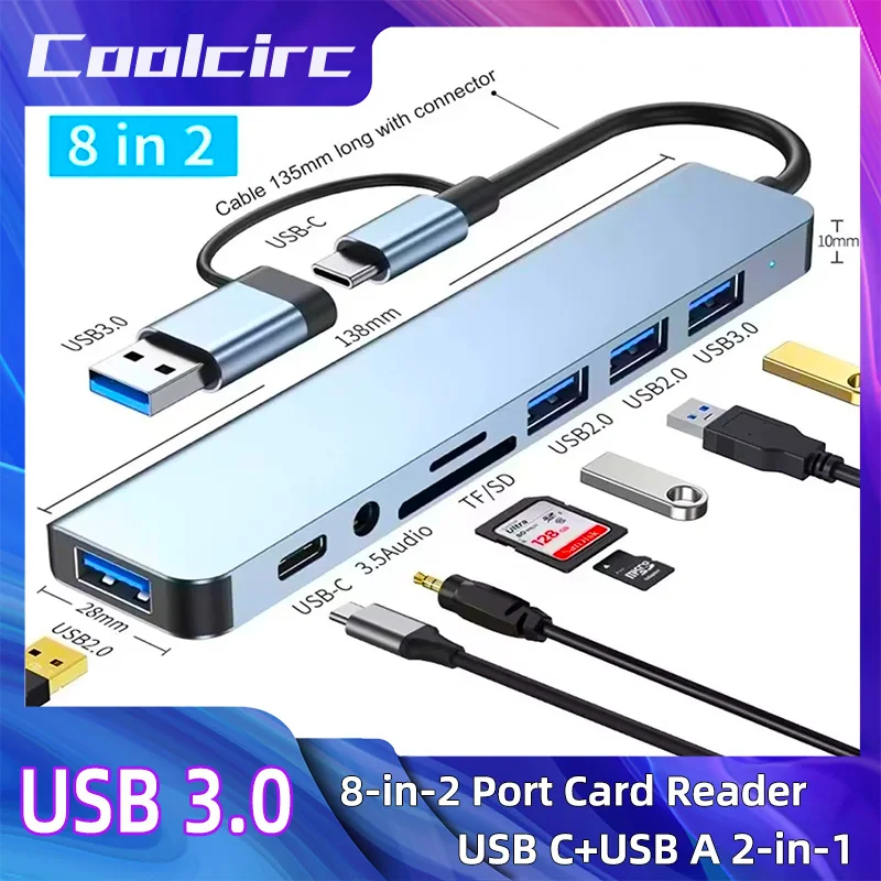 

Концентратор USB-C 8-в-1 | 4 порта USB 3.0/2.0 + устройство чтения карт SD/TF + аудиовыход | 8-портовая док-станция с несколькими разветвителями для MacBook/планшетов