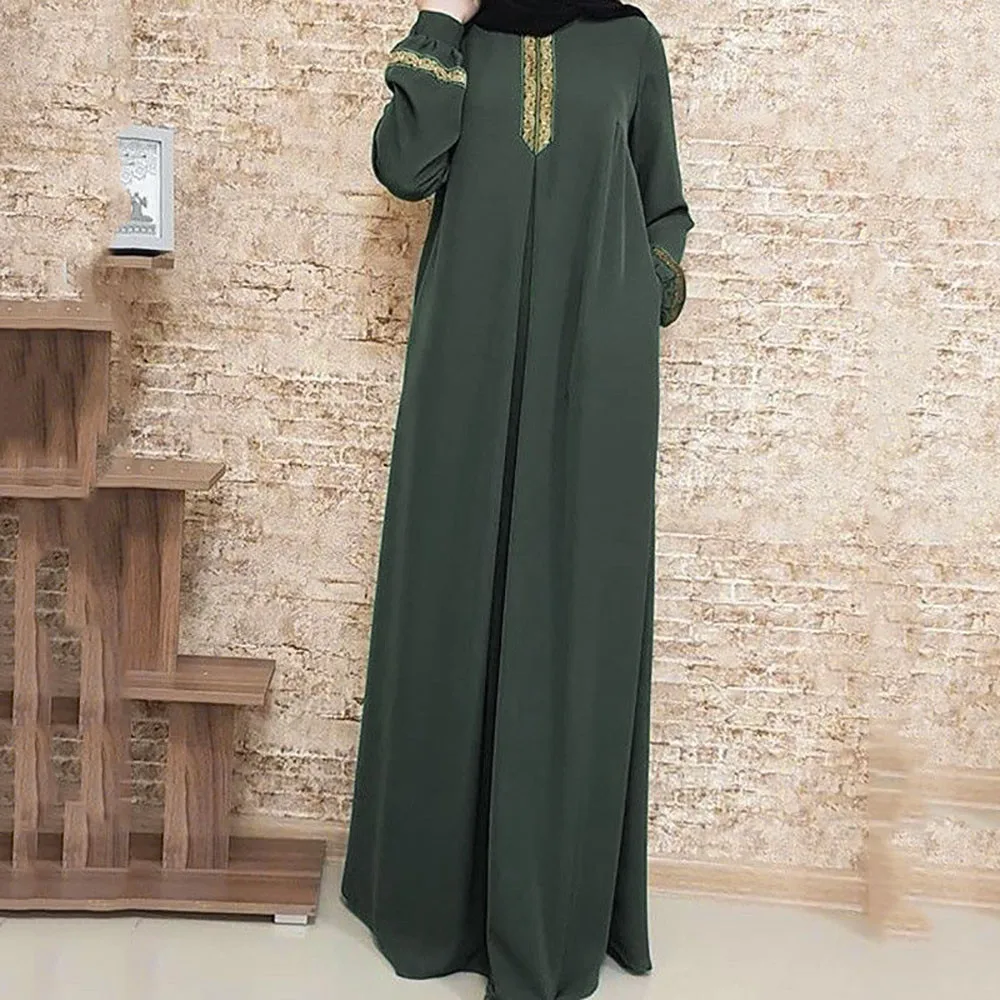 Muslim Abaya Ethnic Style Print Islam Abaya Dress Solid Color Loose Casual Robe Femme Musulman for Middle East Arabia