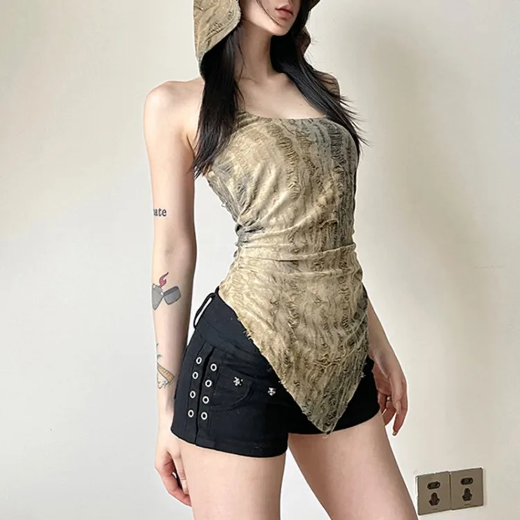 Fashion Sexy Backless Hoodie T-shirt for Women Y2k Irregular Slim Fit Tee Shirt 2024 Summer New Sleeveless Tops Mujer