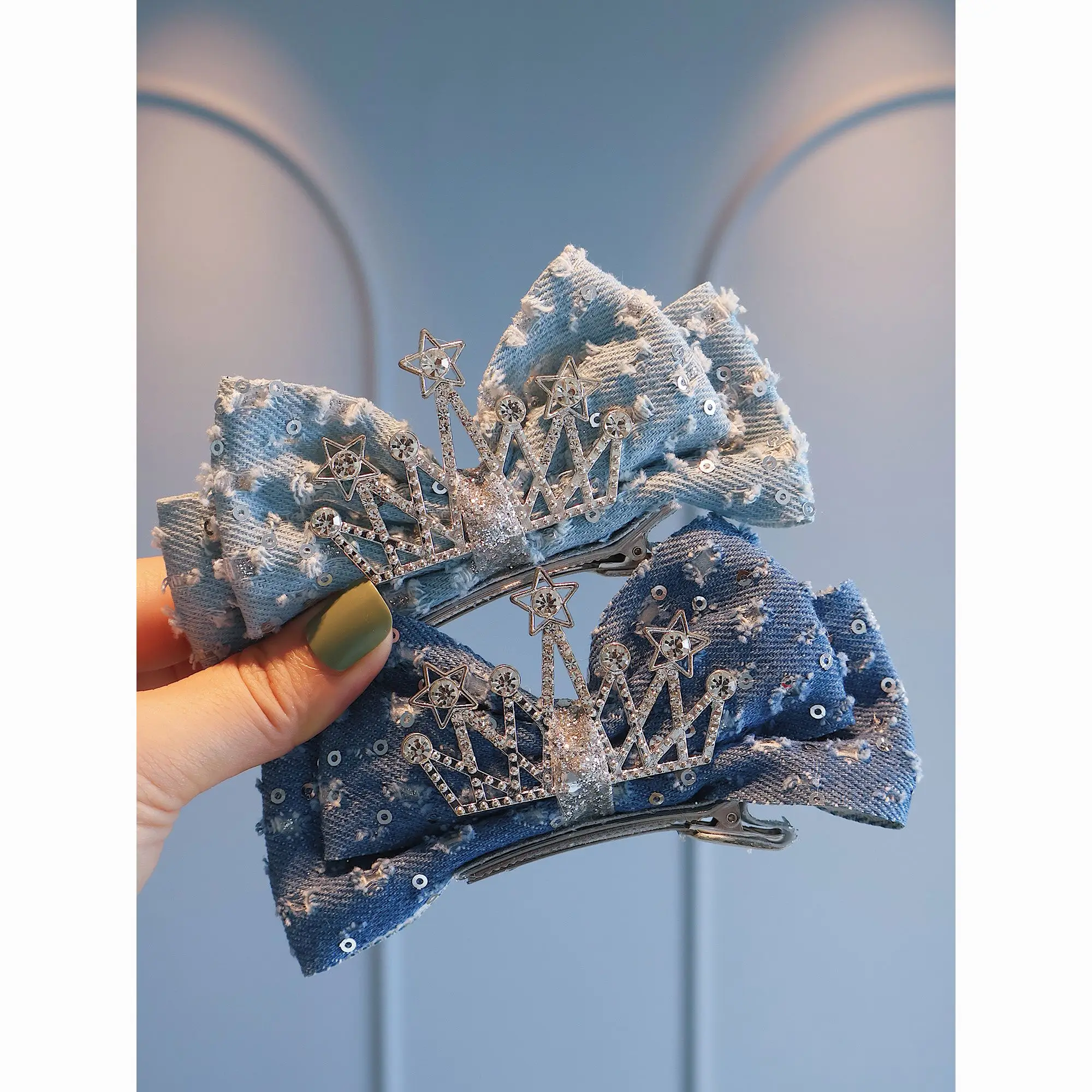 

3D Star Crown Princess Hair Clip for Girls Glitter Sequin Denim Bow Top Hairpin Cute Kids Fashion Hair Accessory