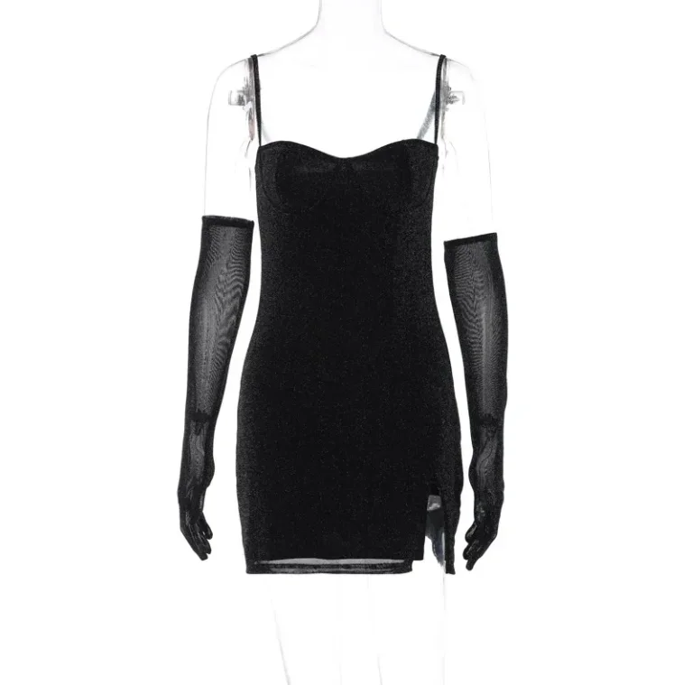 Abito sexy con bretelle nere con abito con bretelle in seta lucida Culle per le dita Abito aderente di nicchia stretto ed elegante Mini abiti da festa