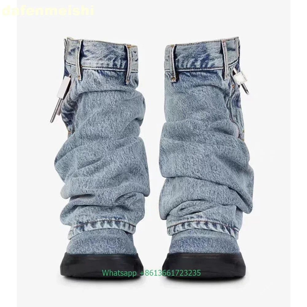 2025 New Thick Bottom Shark Boots Round Toe Wedge Black Denim Metal Lock Mid-Calf Boots Side Zipper Large Size Trouser Boots