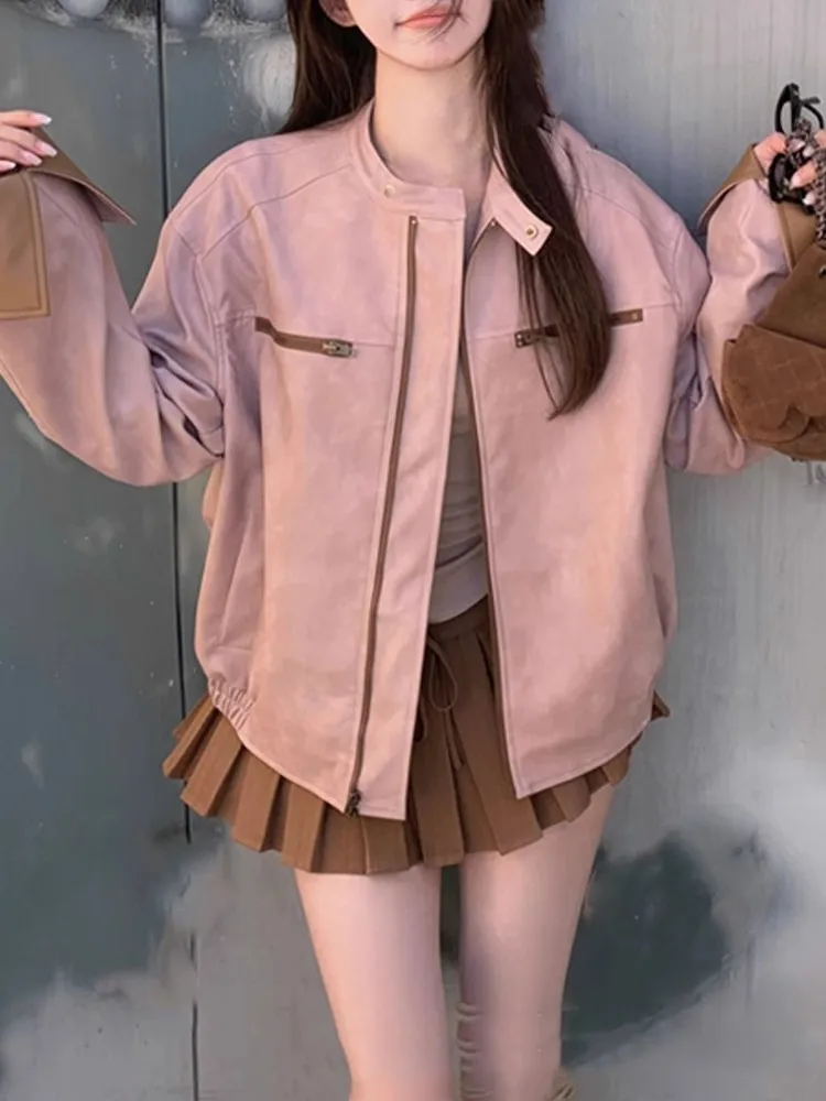 

Свободная женская кожаная куртка в корейском уличном стиле, с цветными вставками, укороченная, приталенная, с высокой талией, на молнии