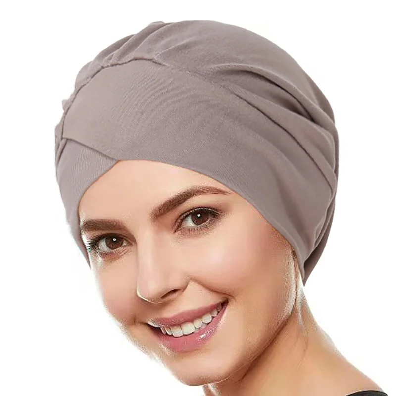 

KepaHoo Women Stretchy Turban Hat Cross Head Wrap Cotton Hijab Cap Solid Color Soft Headscarf Muslim Hats Scarf High Quality