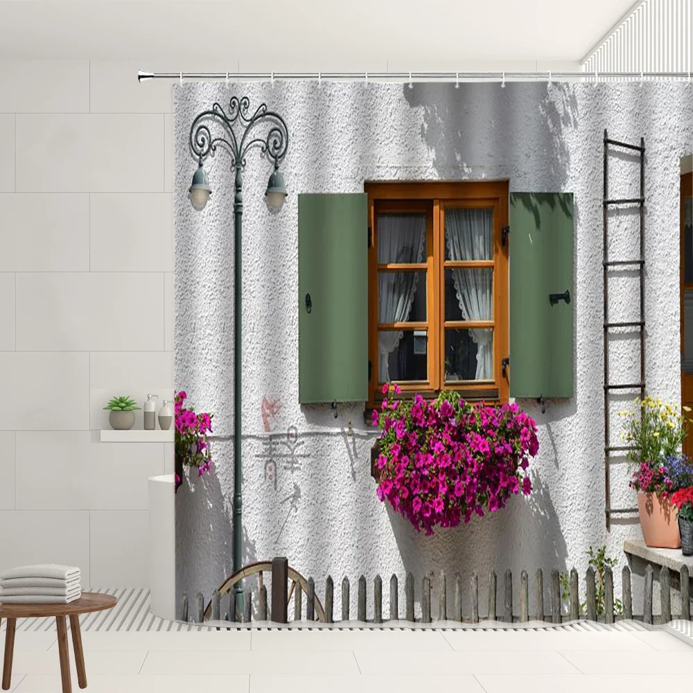 Retro Vintage Wooden Flower Window Shower Curtain Street Plants Flowers Green Leaves Geranium Home Decor Wall Hanging Curtains