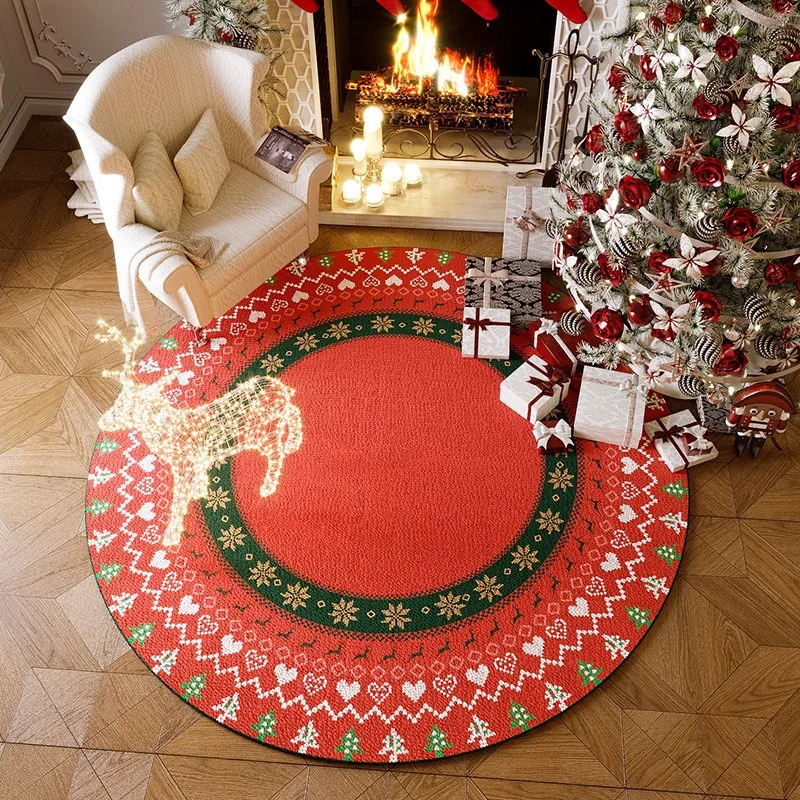 Christmas Round Rug Red Green Color Scheme Reindeer Bell Pattern Festive Fireplace Decor Home Accent Mat