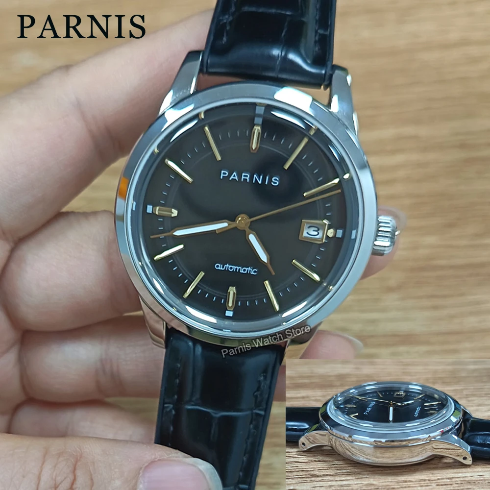 Parnis 39.5mm Men's Automatic Watch Black Color Dial Gold Marks Sapphire Crystal Stainless Steel Case Wristwatch