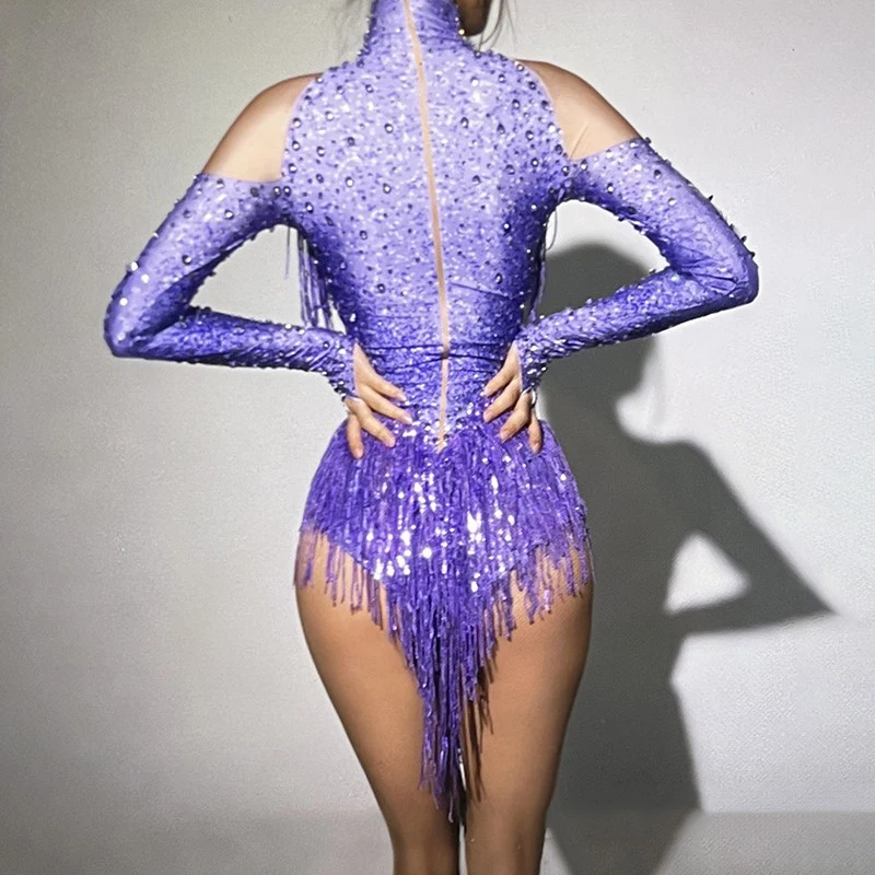 Lila Rot Strass Fransen Body Bar Nachtclub Ds Dj Party Gogo Outfit Frauen Pole Dance Kleidung Drag Queen Kostüme 8781