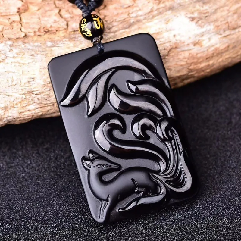 Natural Obsidian Fox Pendant Matte Finish Nine-Tailed Male Female Large Tail Available Wholesale