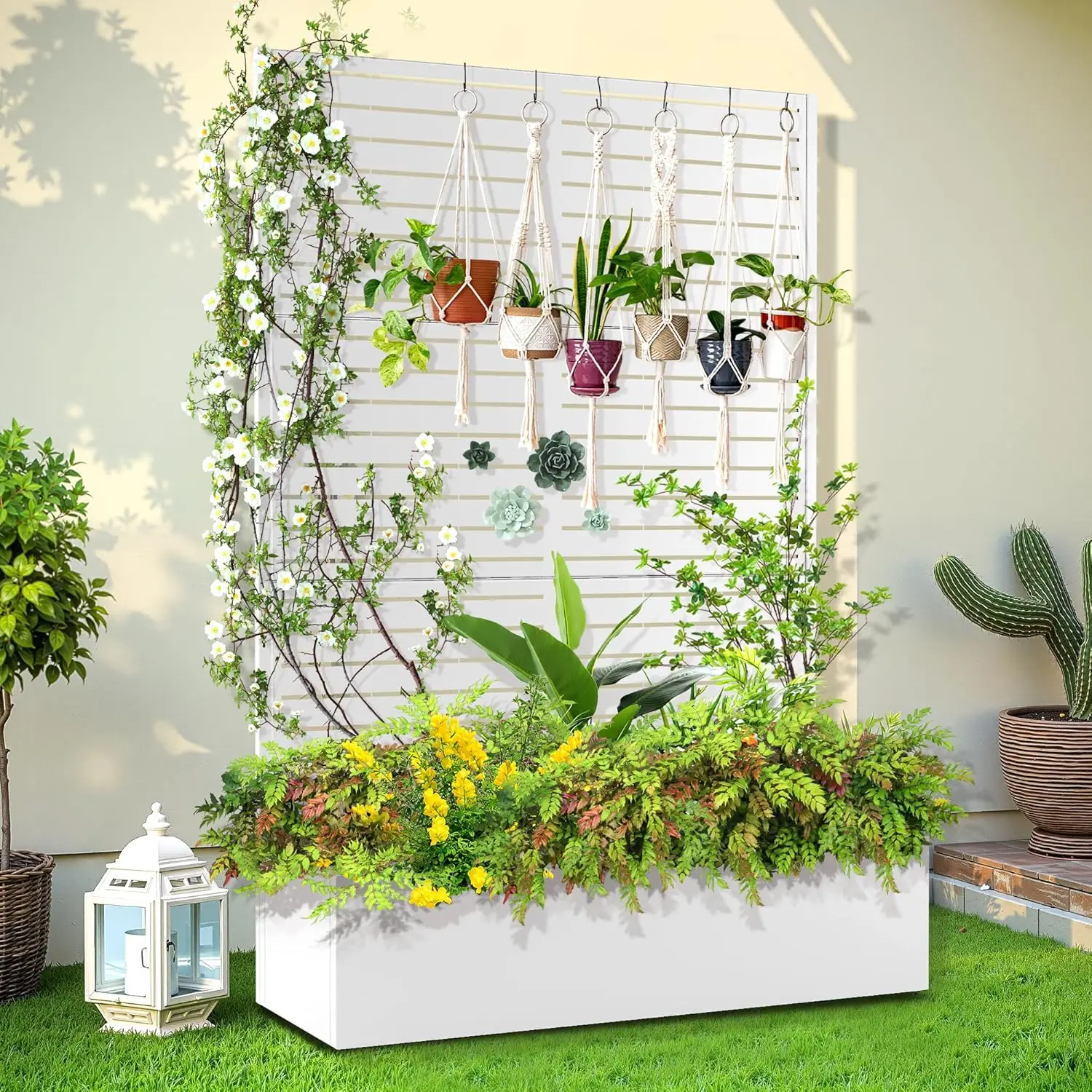 

Решетка для вьющихся растений на открытом воздухе, простая садовая кровать с дренажными отверстиями, дизайн экрана для конфиденциальности на открытом воздухе, высокие горшки для трав F