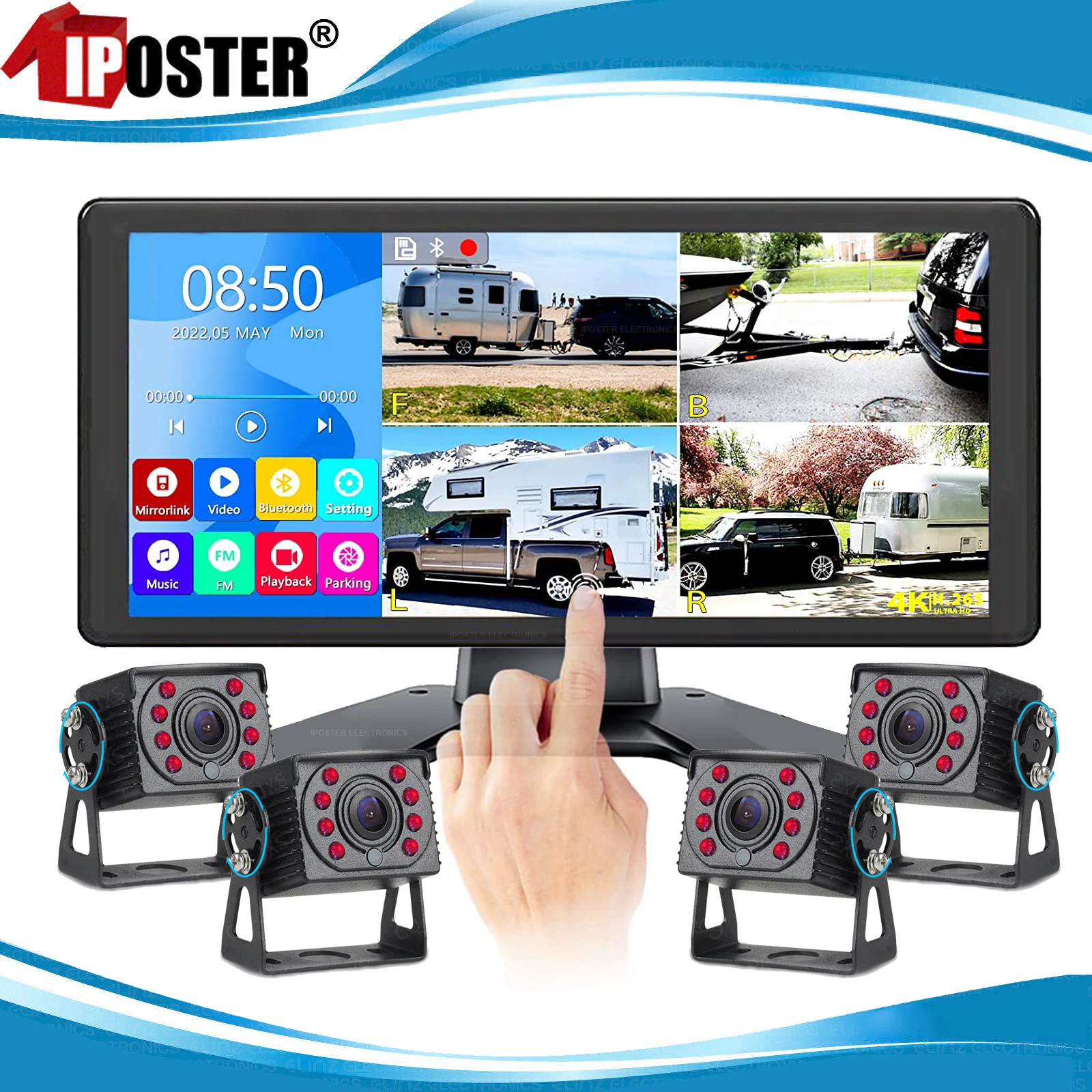 

iPoster 10.36" Touch Screen Quad Monitor DVR Bluetooth FM USB 4x 4PIN AHD 1080P IR Rear View Cameras 12-36v For Truck Rv Caravan