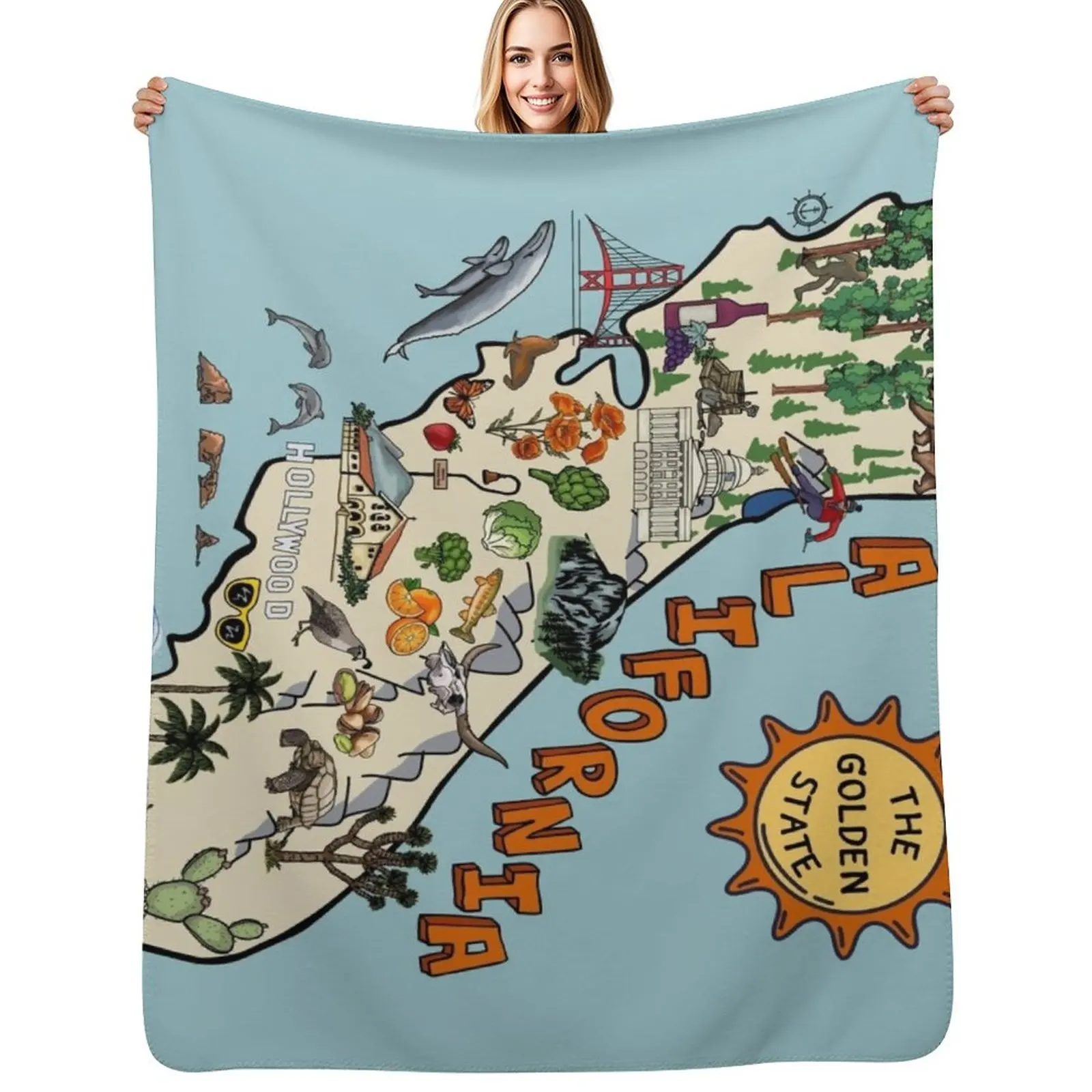 California State Map with Colorful Pictures Throw Blanket Plaid heavy to sleep Hairys Bed covers Luxury Brand Flannel Blankets