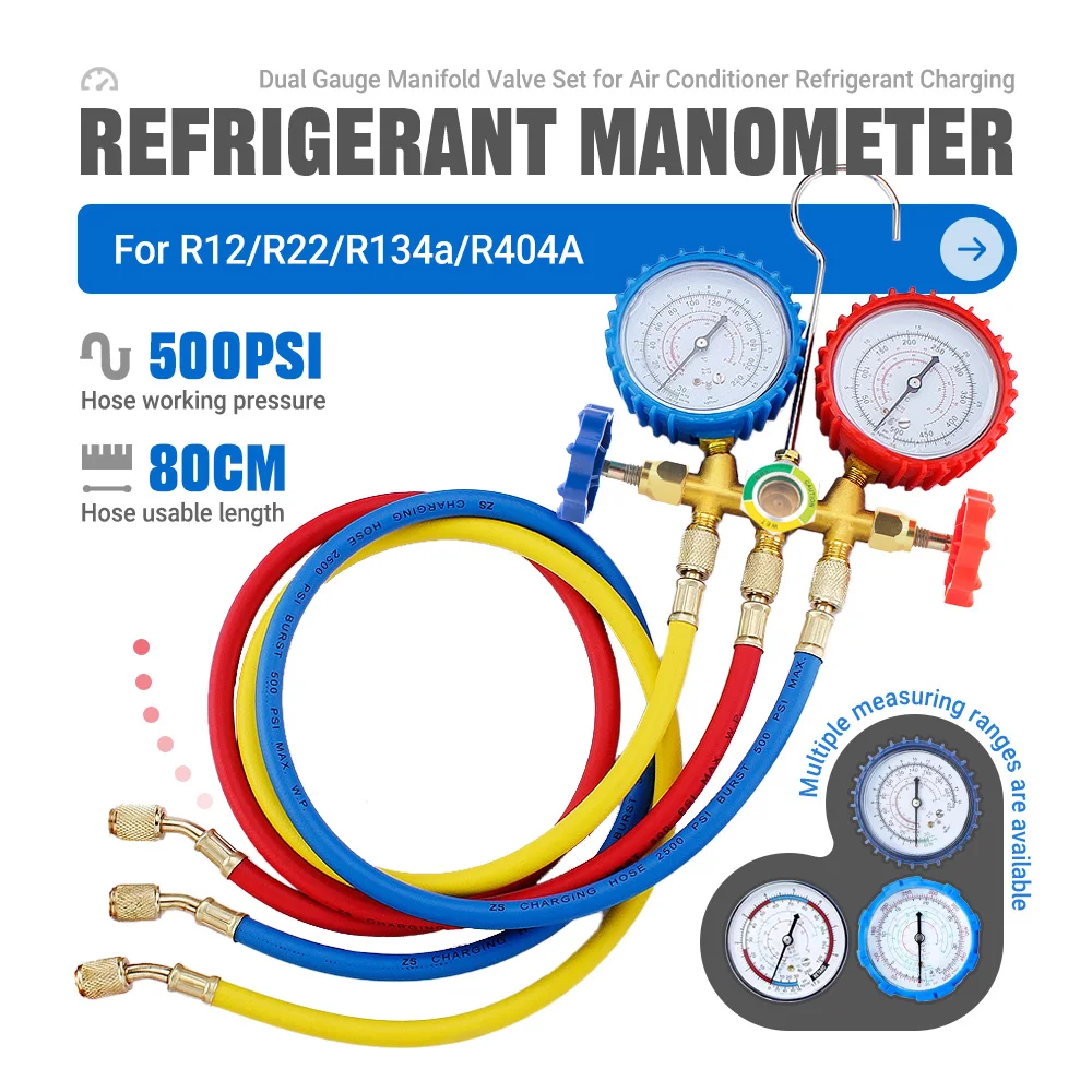 Multi-Gas Manifold Gauge Set 3-Way R12/R22/R134a/R404A With Charging Hose & Hook  For Automotive/Home Air Conditioning Service