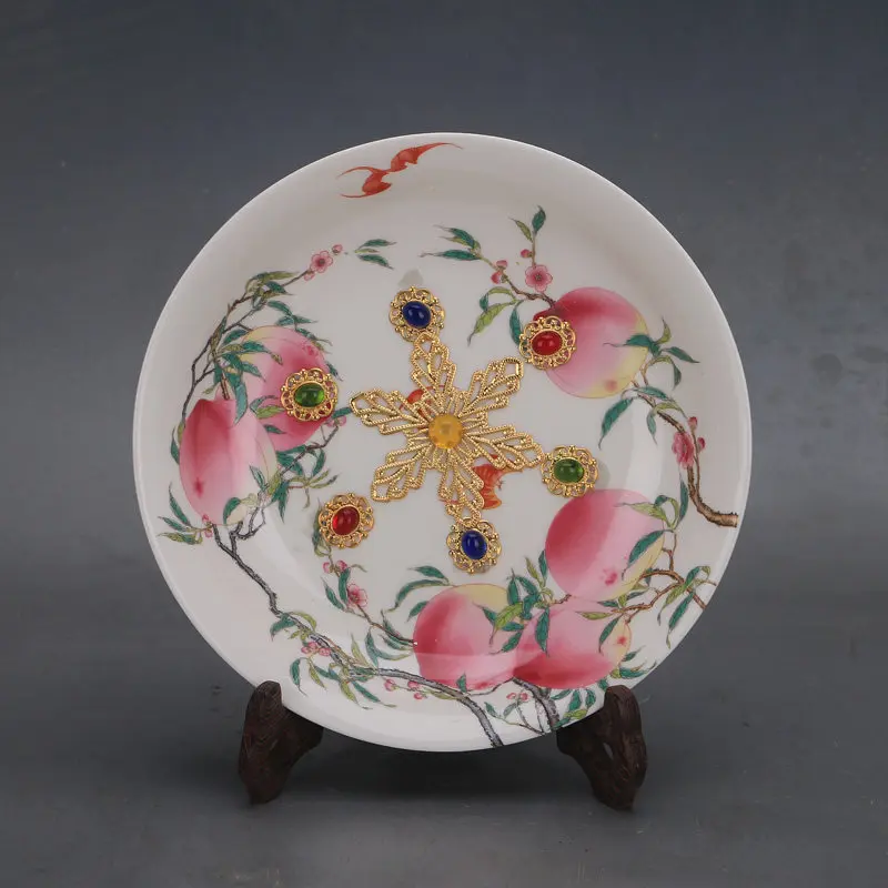 Qing Qianlong Famille Rose Peach Gilt Gem Plate Antique Style Porcelain Home Decor Centerpiece Collectible