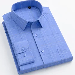 Bamboo Fiber Anti-Wrinkle Mens Shirts Long Sleeve Dress Shirt For Slim Fit Camisa Social Business Blouse Plaid Stripe Shirt 4XL