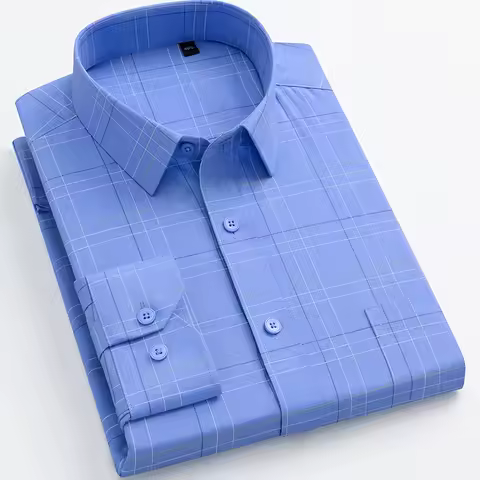 Bamboo Fiber Anti-Wrinkle Mens Shirts Long Sleeve Dress Shirt For Slim Fit Camisa Social Business Blouse Plaid Stripe Shirt 4XL