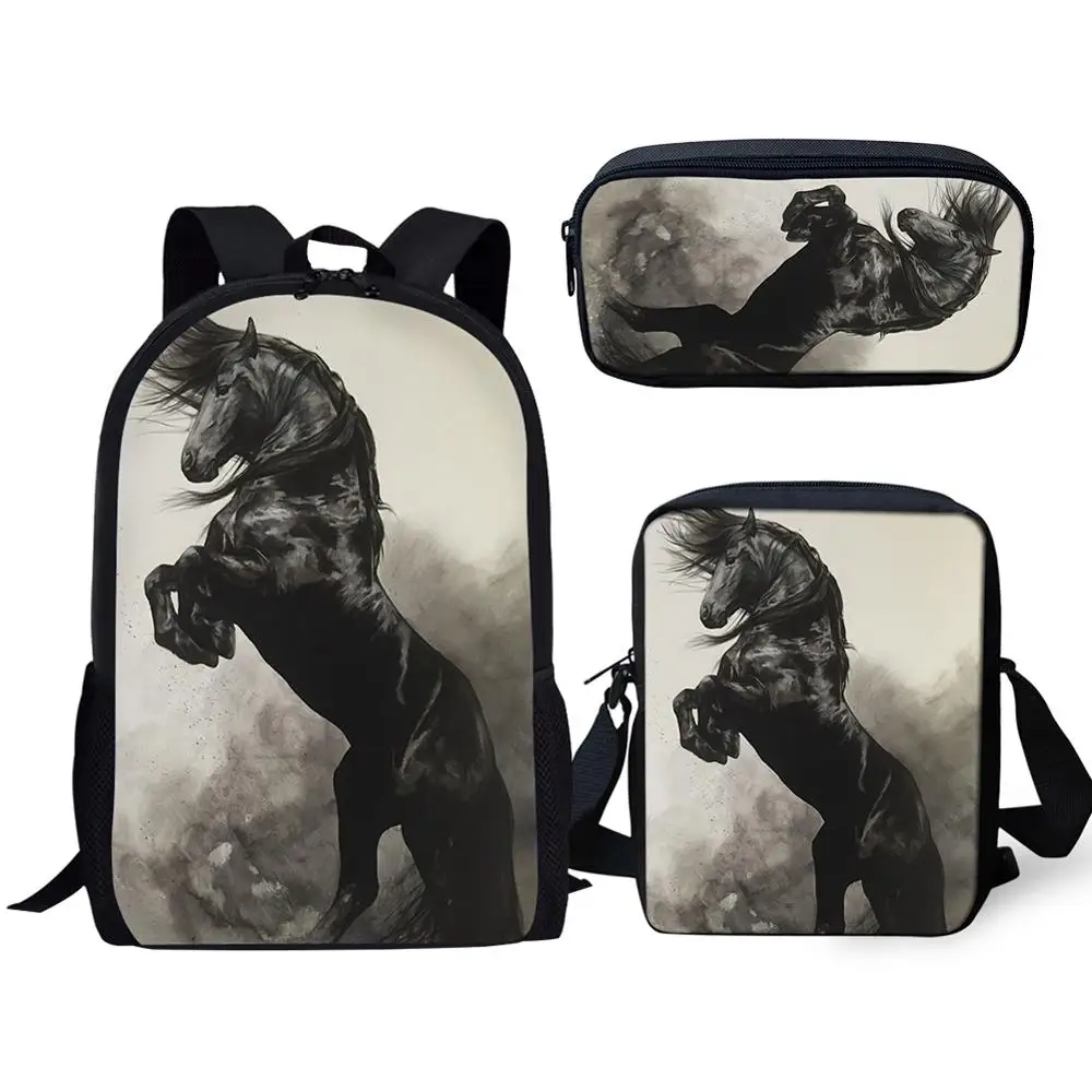 Imagem -05 - Bolsas Escolares Impressão 3d Cavalo Preto Mochila de Pupilo Bonito Mochila Laptop Bolsa de Ombro Inclinado Estojo de Lápis Luxo Peças por Conjunto