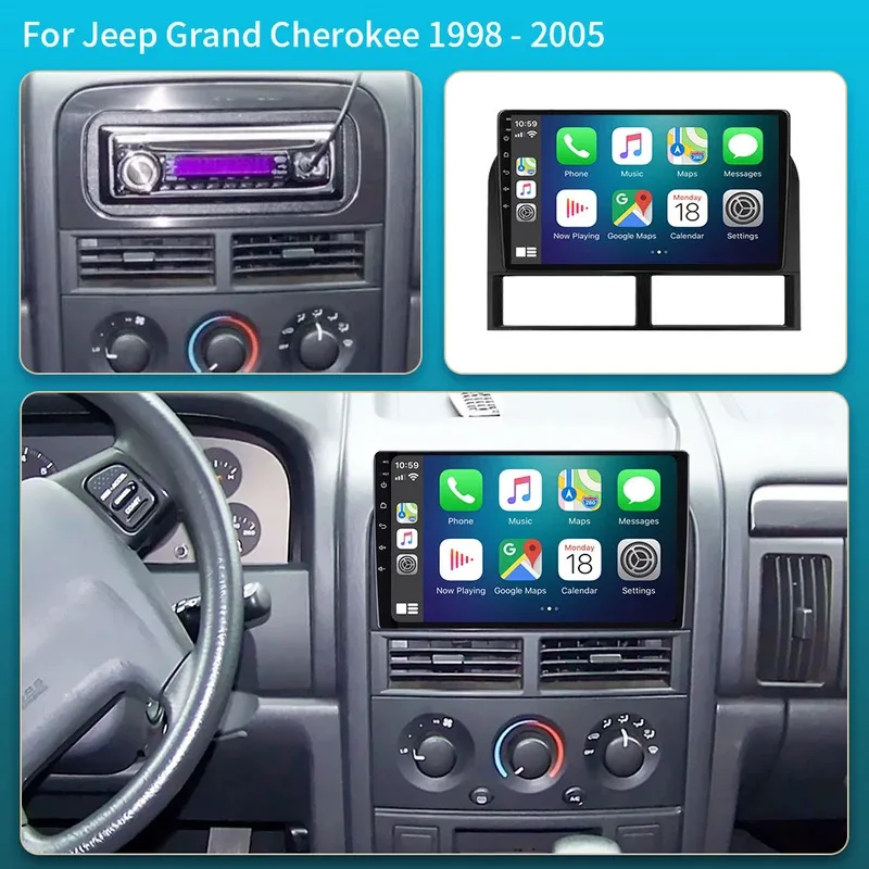 أندرويد 15 Carplay راديو السيارة التلقائي لسيارة جيب جراند شيروكي II WJ 1998 - 2005 الملاحة نظام تحديد المواقع مشغل وسائط متعددة ستيريو WIFI + 5G 2DIN