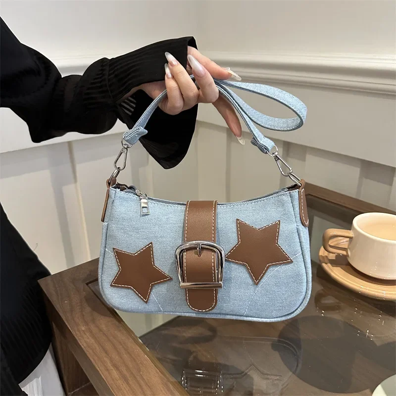 

2024 Trendy Personalized Denim Star Chain Belt Buckle Shoulder Bag Women's Bag Designer Bags Luxury Purse Canvas Bag