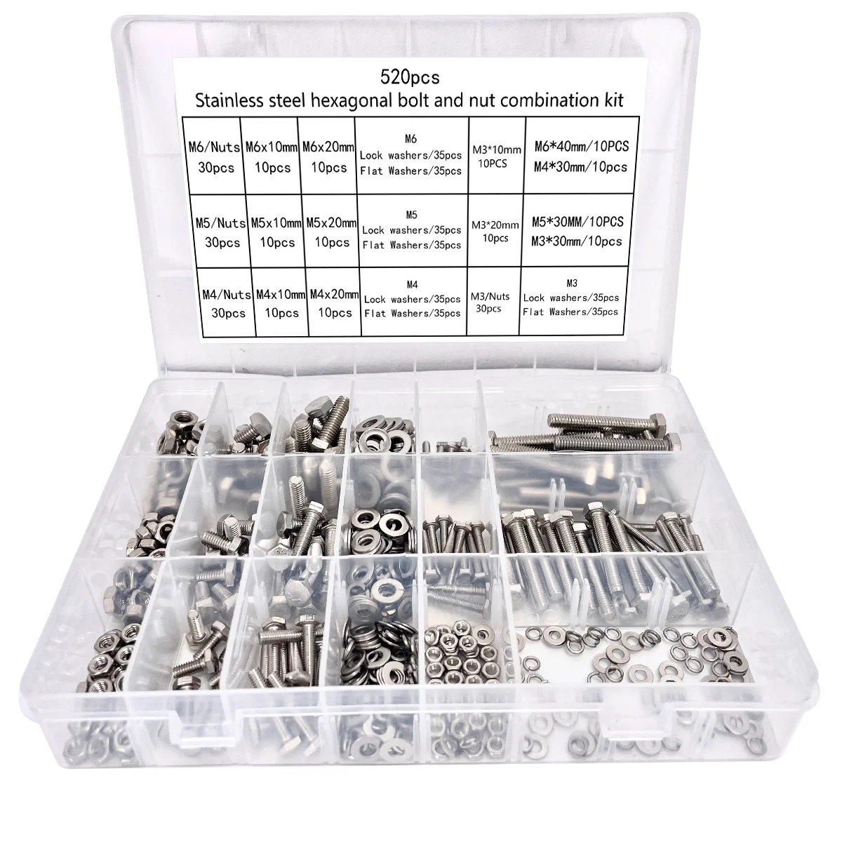 520-pcs Stainless Steel Hex Bolt and Nut Set with Flat Washer and Locking Washers for DIY, Furniture and Automotive Industries.