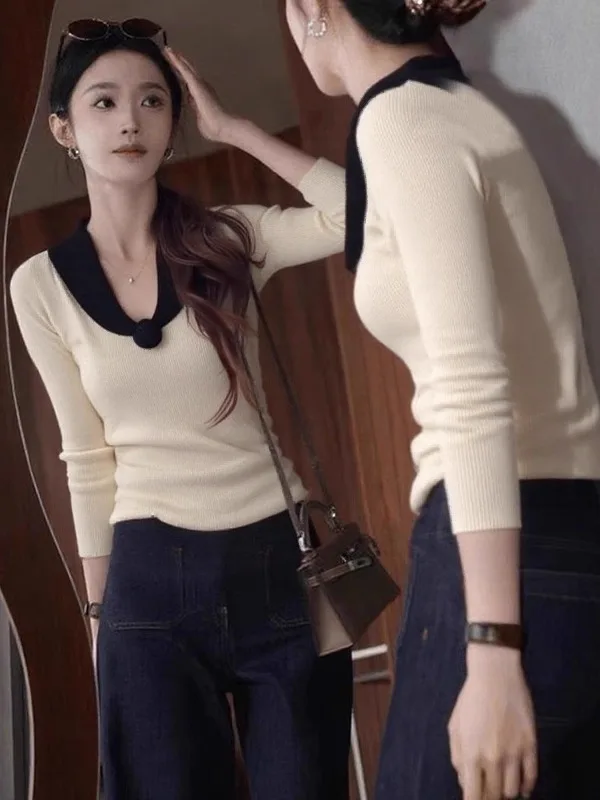 

Вязаный свитер с цветочным узором и V-образным вырезом, облегающий, для женщин, осень-зима, большие размеры, в корейском стиле...