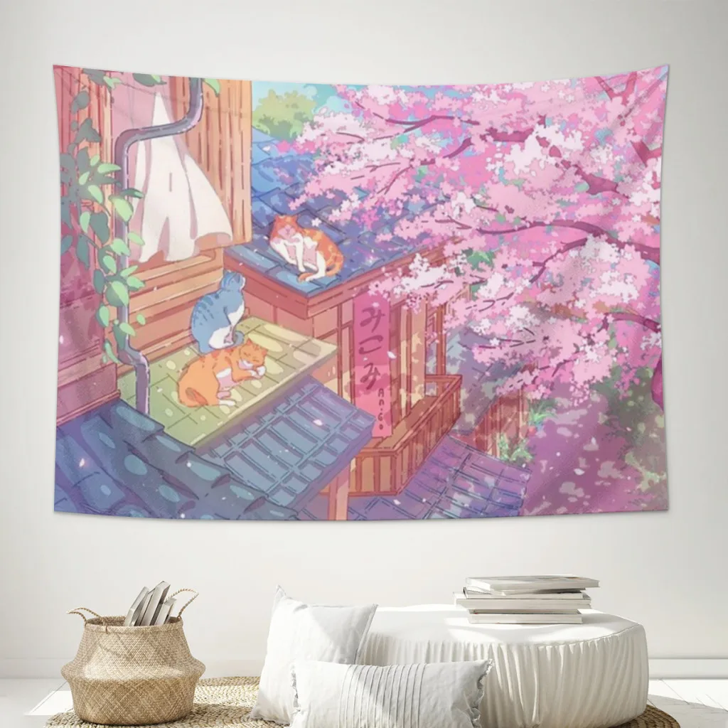 The cute cats, rooftops, and pink cherry Wall Hanging Tapestry Home Wall Decoration