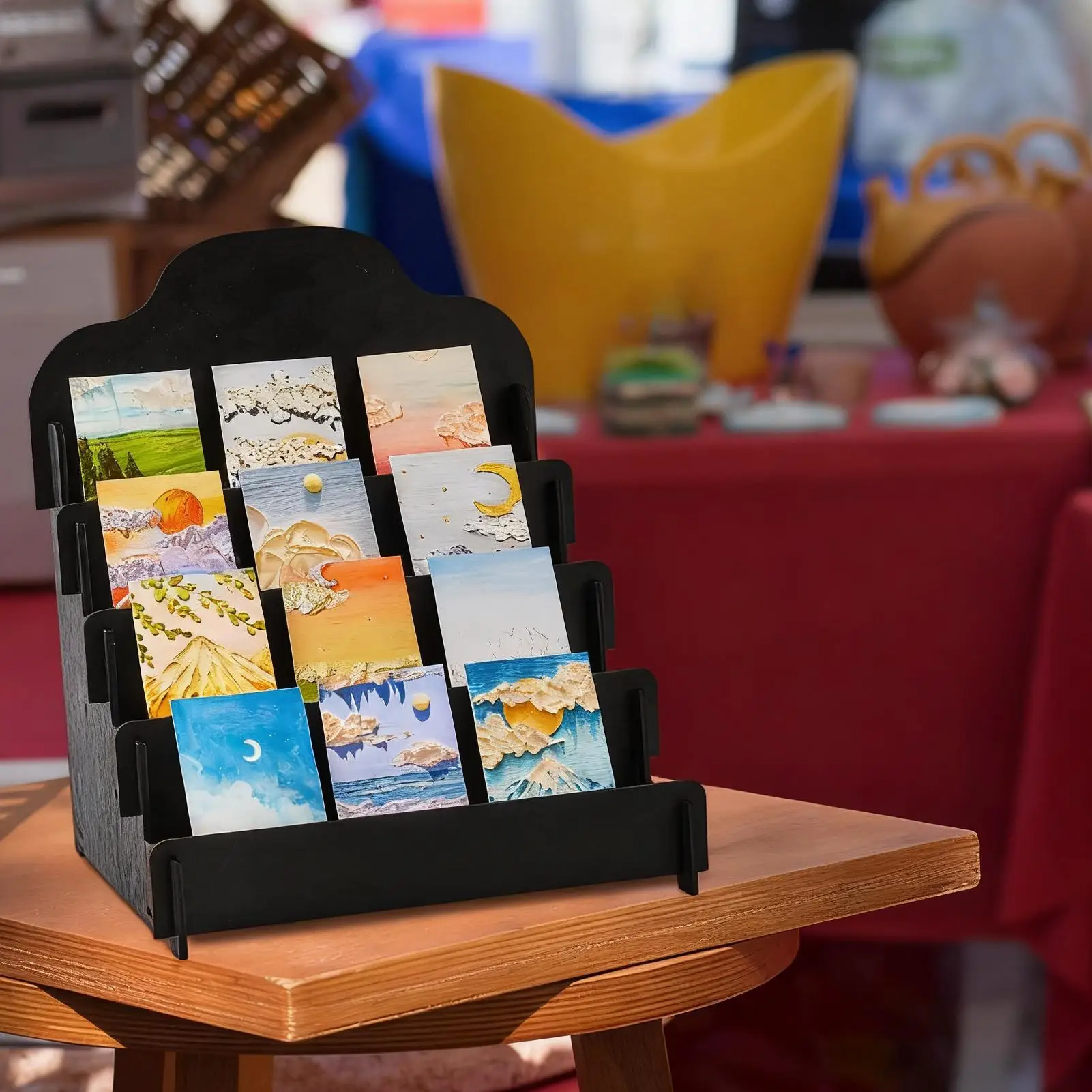 Greeting Card Stand 4-Tier Wooden Shelf Greeting Card Organizer For Vendors Jewelry Snacks Sticker Craft Collection Stores