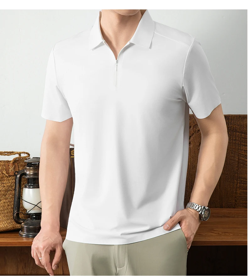 Luxuriöses Herren-Poloshirt mit halbem Reißverschluss kurzärmelig einfarbig hochwertige Eisseide atmungsaktiv Sommer neu lässig modisch T-Shirt – Detail 16