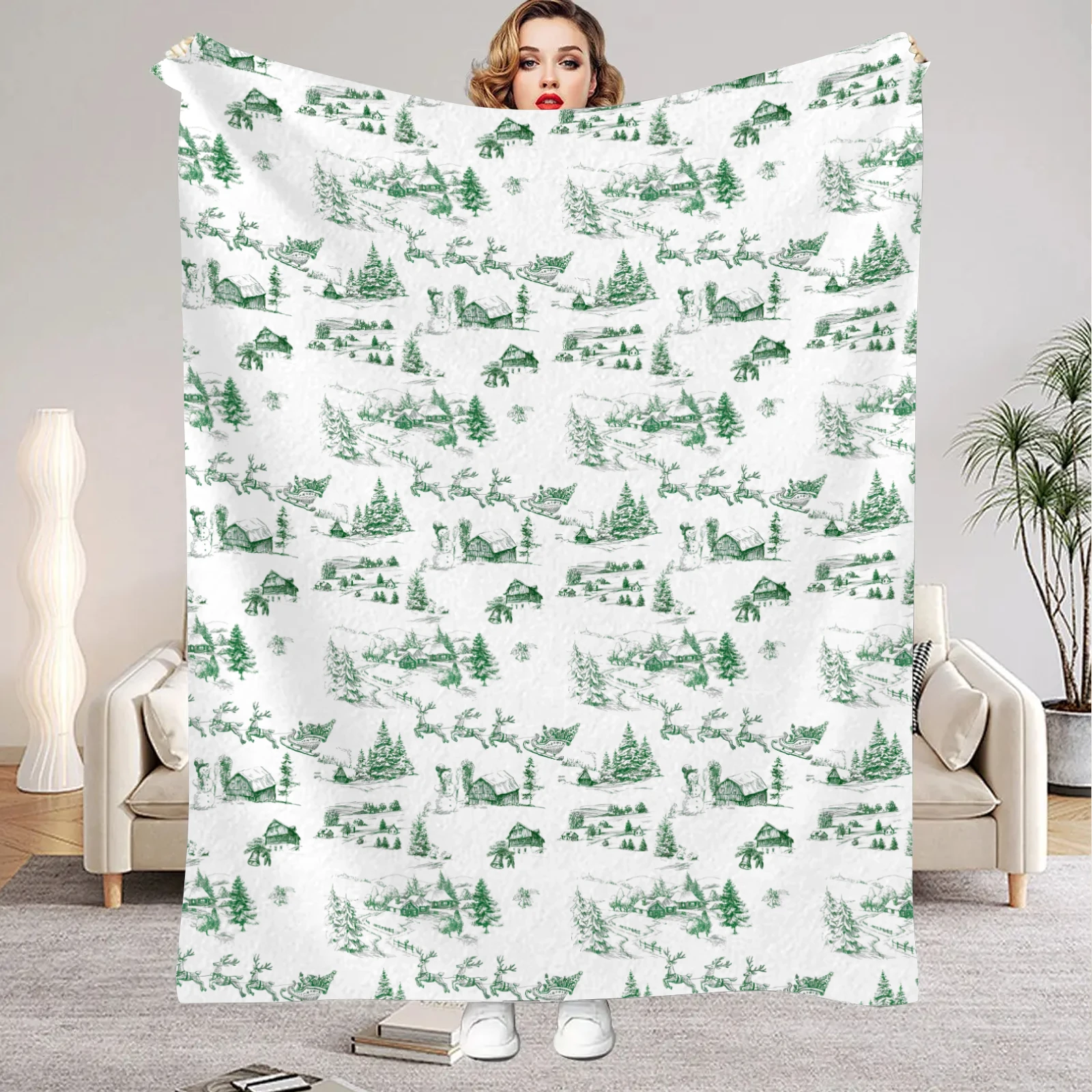 

Green Christmas Themed Throw Blanket Featuring Tree Snowman Village Design Warm All Season Blanket for Girls Boys Christmas Gift