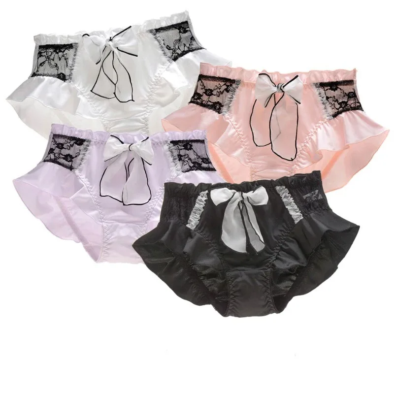 Women Milk Silk Smooth Cute Lovely Sweety Panties Lace Lolita Ruffle Ribbon Bow Elasticity Underwear Breathable Candy Color