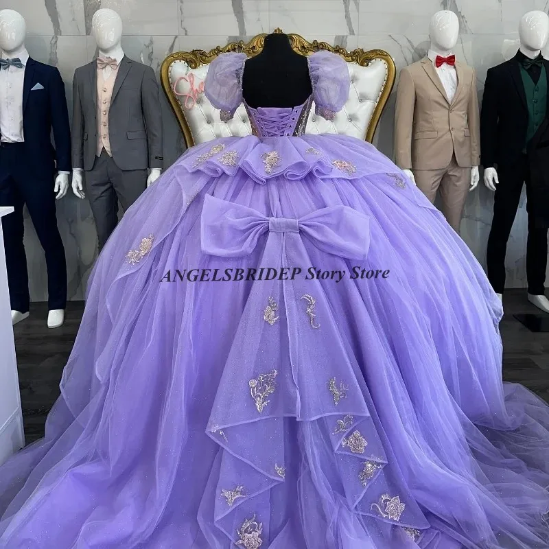 Angelsbridep Glinsterende Lavendel Quinceanera Jurken Lovertjes Kralen Bloemenappliqué Kanten Kristallen Vestidos De 15 Anos Baljurken