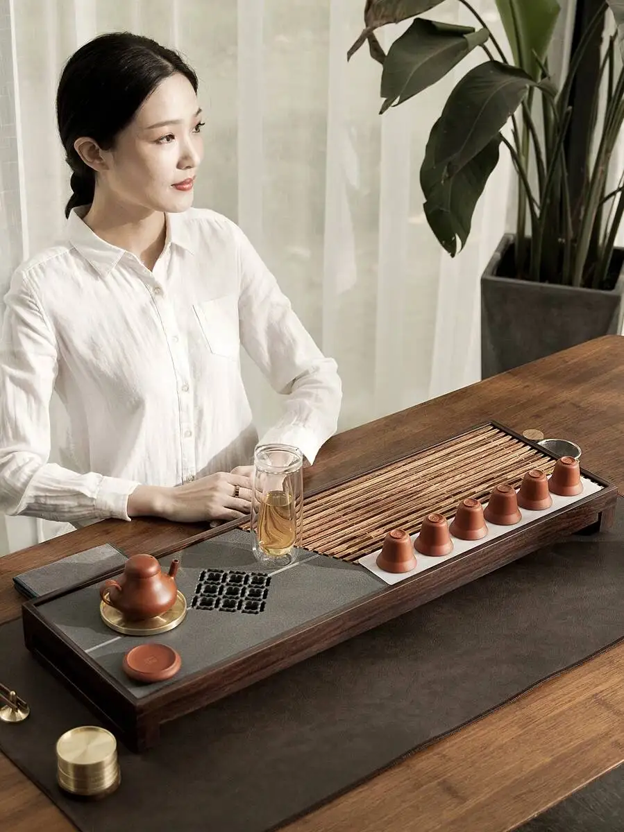 Ebony Tray, Solid Wood, Simple Household Kung Fu Set, Drawer-Style Rosewood Water Storage Table, Black Sandalwood Tea Tray