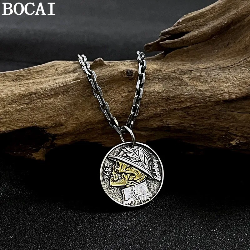 

BOCAI S925 Silver Retro Hip Hop Round Cards Coin Pendant