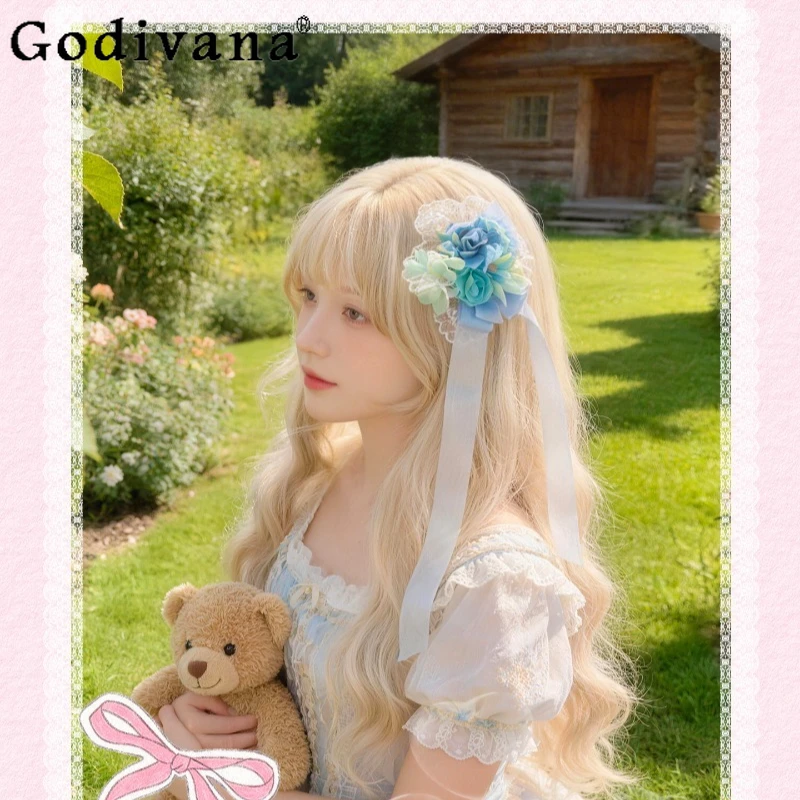 

Elegant Sweet Lolita Headwear Women Blue Flower Lace Ribbon Bow Hair Clip Female Tea Party Wedding Vintage Hair Accessory