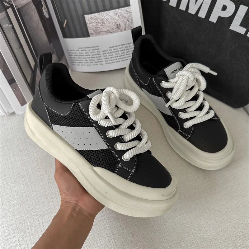 

Мужская повседневная дышащая летняя обувь в британском стиле, черно-белая обувь на плоской подошве со шнуровкой, обувь на платформе, уличная дизайнерская обувь