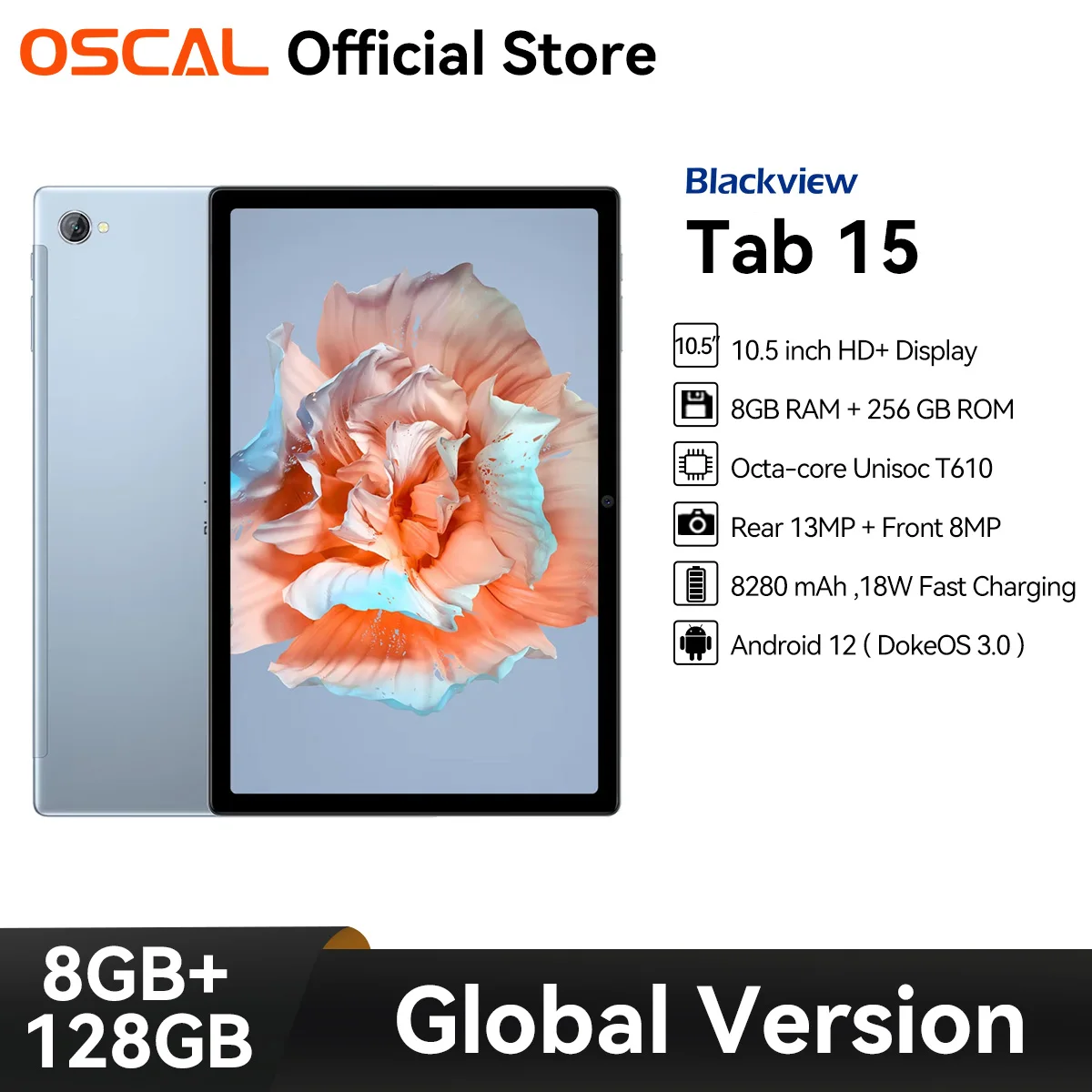 OSCAL Blackview Tab 15 Tablet ,10.5 inch HD Display, 8280mAh Battery ,8GB RAM+128GB ROM, Octa-Core T610 Pad, Dual 4G,Android 12