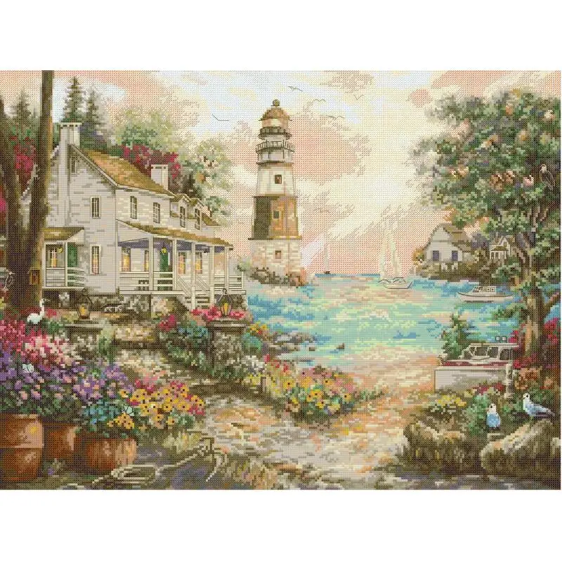 Cottage by the Sea Lighthouse Scenery Cross Stitch Kit 14 16 11CT White Canvas Printed Fabric Embroidery DIY Handmade Needlework