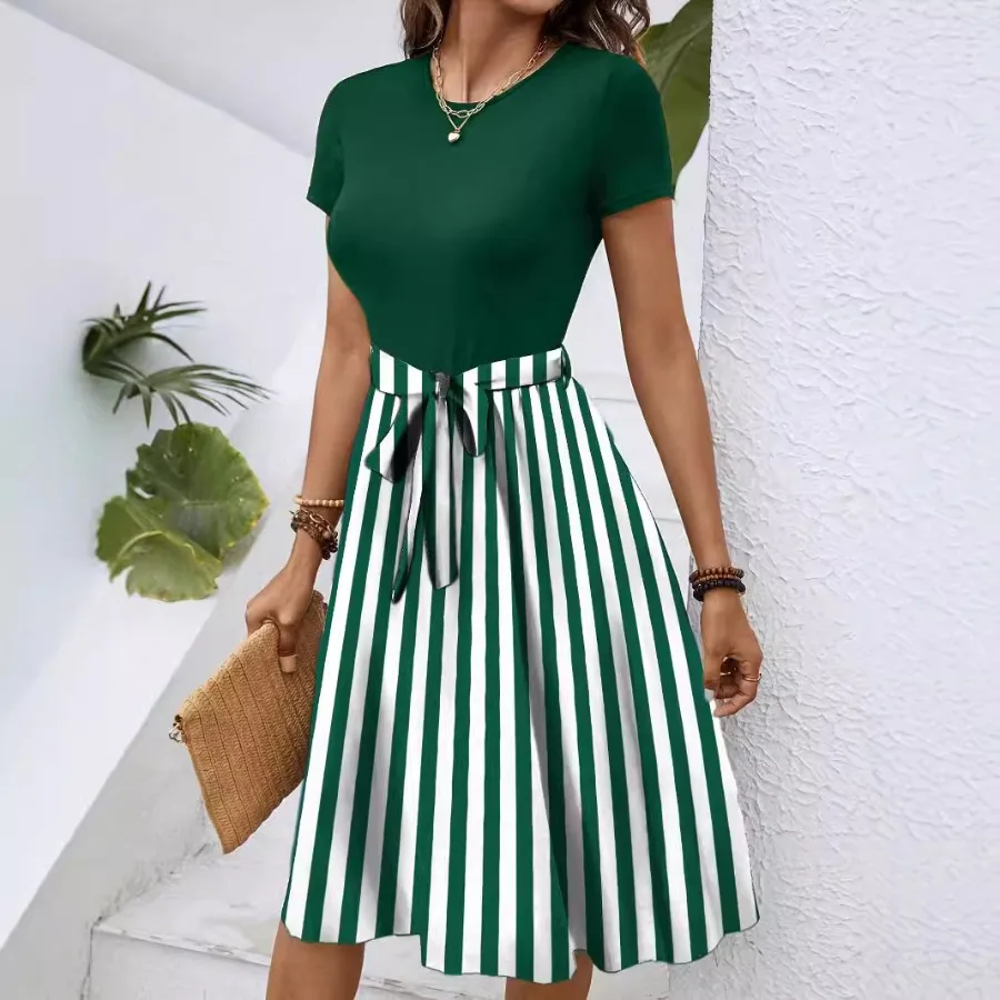 

【New style】 trend round neck short sleeve color blocking print stripe belt dress women's style
